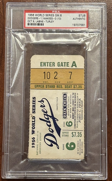 1956 WORLD SERIES TICKET STUB- GAME 6 - ROBINSON'S LAST EVER HIT-w/PSA