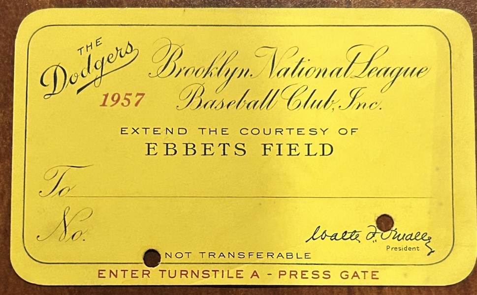 1957 BROOKLYN DODGERS SEASON PASS - FINAL YEAR IN BROOKLYN