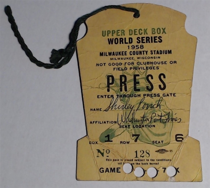 1958 WORLD SERIES PRESS PASS YANKKES VS BRAVES