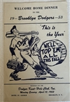 1953 BROOKLYN DODGERS" WELCOME HOME DINNER" PROGRAM