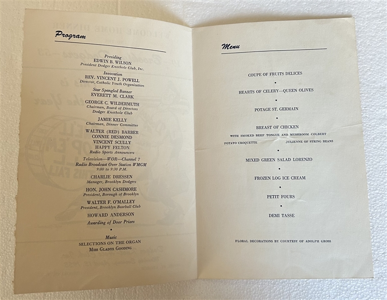 1953 BROOKLYN DODGERS WELCOME HOME DINNER PROGRAM