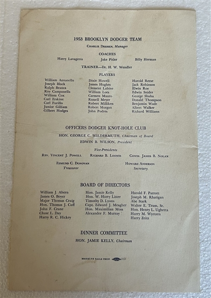 1953 BROOKLYN DODGERS WELCOME HOME DINNER PROGRAM