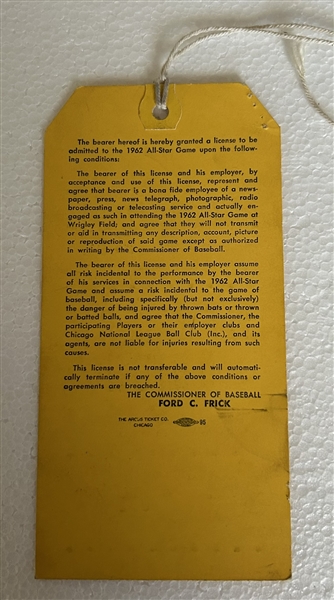 1962 ALL-STAR GAME PRESS PASS @ WRIGLEY FIELD