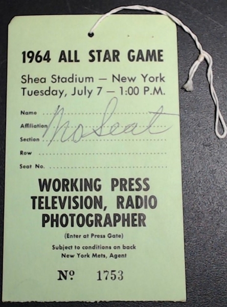 1964 ALL STAR GAME PRESS PASS