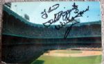 VINTAGE YANKEE STADIUM POST CARD SIGNED BY BERRA, FORD & RIZZUTO -W/ JSA COA