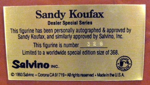 1993 SANDY KOUFAX SIGNED SALVINO STATUE w/BOX & COA