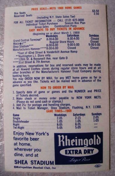 1969 NEW YORK METS BASEBALL OFFICIAL FOLD OUT SCHEDULE
