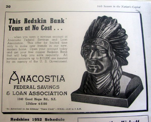 VINTAGE 1952 WASHINGTON REDSKINS SOUVENIR BANK - AS ADVERTISED IN GAME PROGRAM