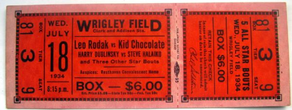 1934 KID CHOCOLATE VS LEO RODAK FULL TICKET AT WRIGLEY FIELD