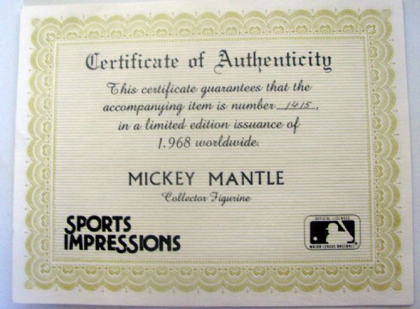 1990 MICKEY MANTLE SPORTS IMPRESSIONS STATUE w/BOX AND COA