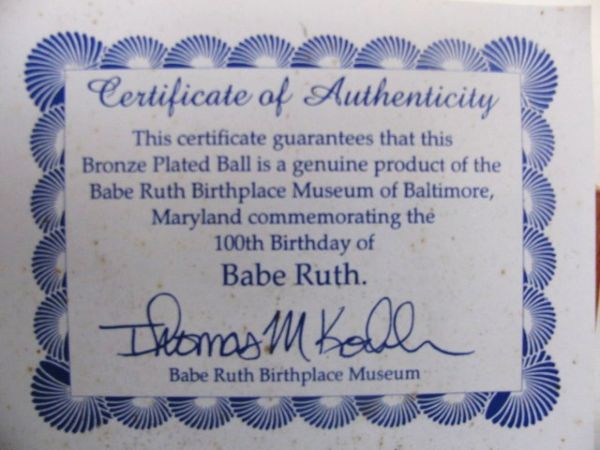 BABE RUTH 100TH BIRTHDAY BRONZE PLATED BALL DISPLAY