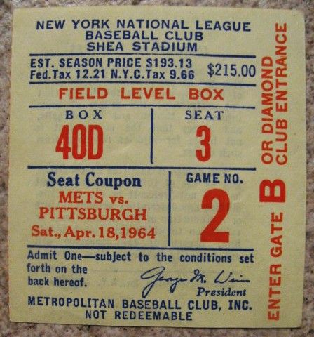 1964 NY METS 2ND GAME EVER PLAYED TICKET STUB AT SHEA STADIUM
