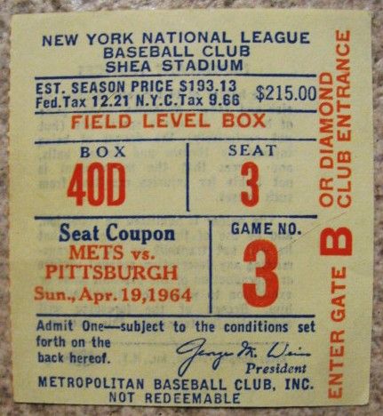1964 NY METS 3RD GAME EVER PLAYED TICKET STUB AT SHEA STADIUM 