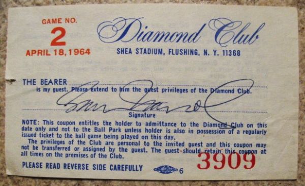 1964 NY METS 2ND GAME EVER PLAYED DIAMOND CLUB PASS AT SHEA STADIUM 