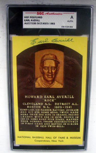 EARL AVERILL SIGNED HOF POST CARD - SGC SLABBED & AUTHENTICATED