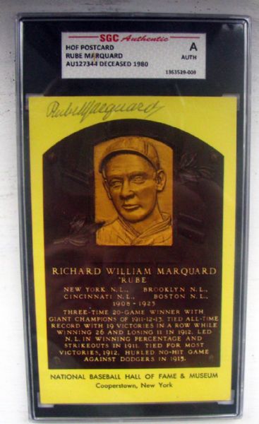 RUBE MARQUARD SIGNED HOF POST CARD - SGC SLABBED & AUTHENTICATED