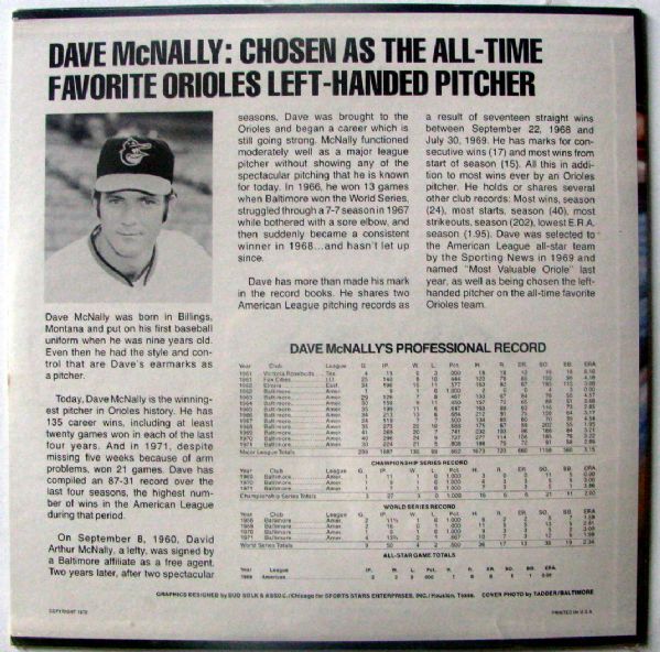 1972 DAVE McNALLY:THEORY OF PITCHING RECORD ALBUM - BALTIMORE ORIOLES