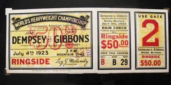 1923 JACK DEMPSEY VS TOM GIBBONS HEAVYWEIGHT CHAMPIONSHIP FULL TICKET w/SGC
