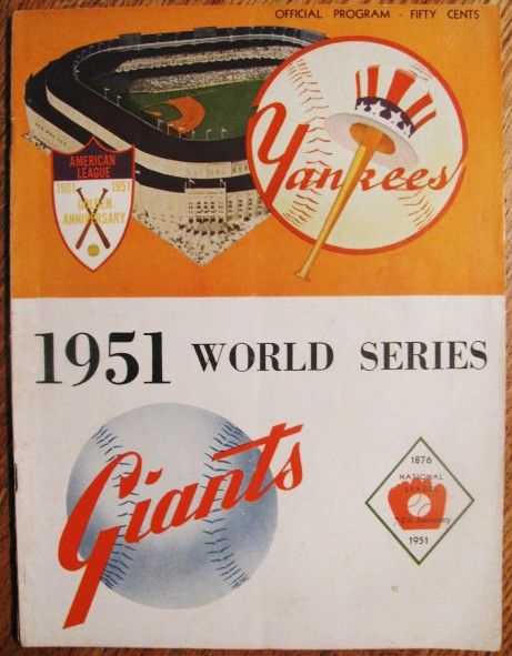 1951 WORLD SERIES PROGRAM w/ TICKET STUB - YANKEES/GIANTS - MANTLE GETS HURT
