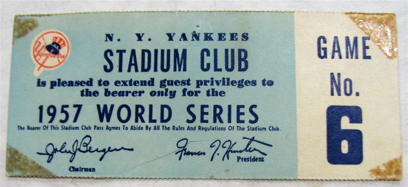 1957 WORLD SERIES NEW YORK YANKEES STADIUM CLUB TICKET