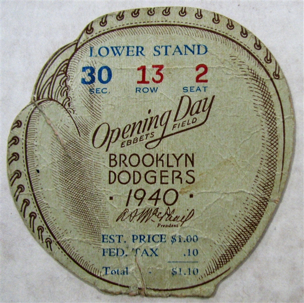 1940 BROOKLYN DODGERS OPENING DAY TICKET STUB