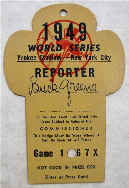 1949 NEW YORK YANKEES WORLD SERIES PRESS PASS