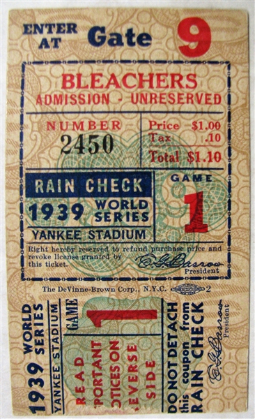 1939 WORLD SERIES TICKET STUB - YANKEES vs REDS