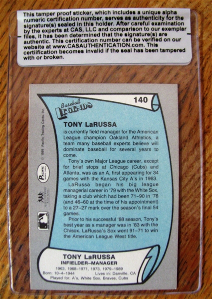 TONY LARUSSA SIGNED BASEBALL CARD /CAS AUTHENTICATED