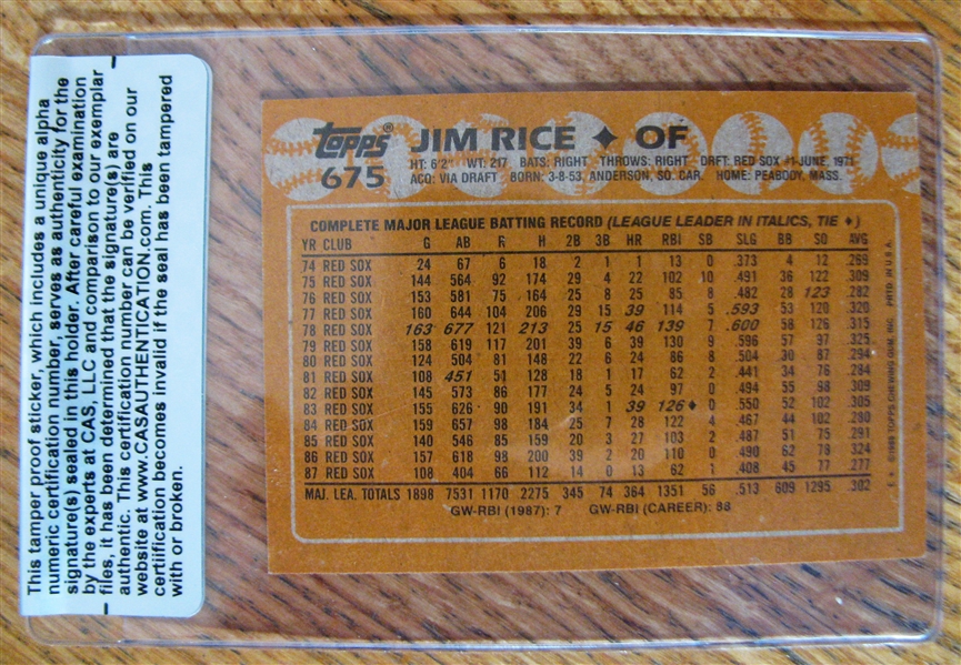 JIM RICE SIGNED BASEBALL CARD /CAS AUTHENTICATED