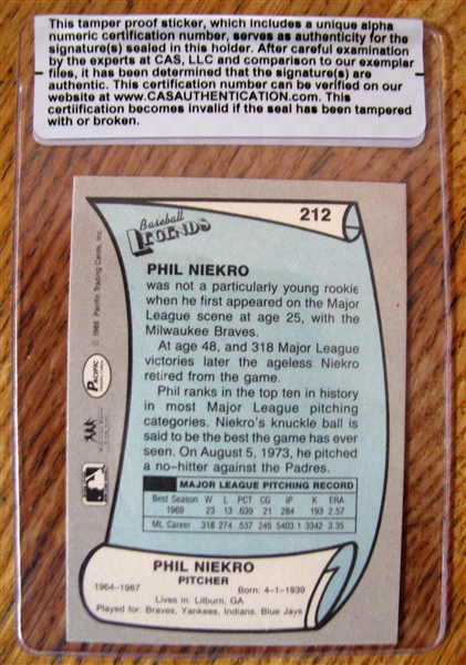 PHIL NIEKRO SIGNED BASEBALL CARD /CAS AUTHENTICATED