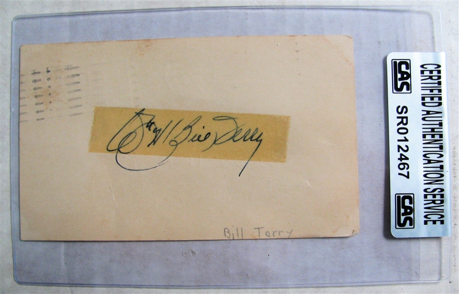 BILL TERRY SIGNED 1955 GOVERMENT POSTCARD - CAS AUTHENTICATED