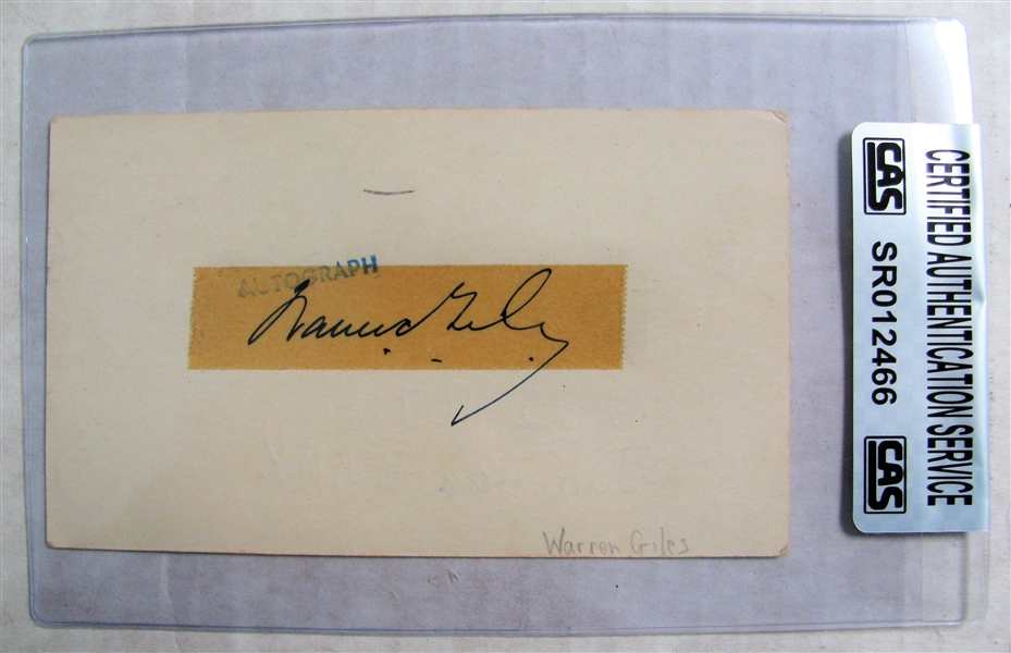 WARREN GILES SIGNED 1955 GOVERMENT POSTCARD - CAS AUTHENTICATED
