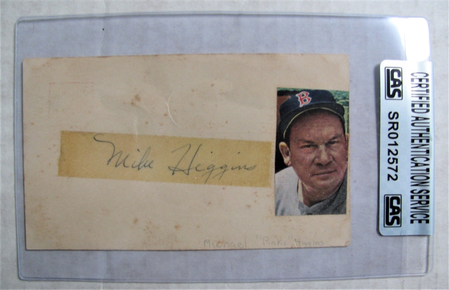 MIKE HIGGINS SIGNED 1955 GOVERMENT POSTCARD - CAS AUTHENTICATED