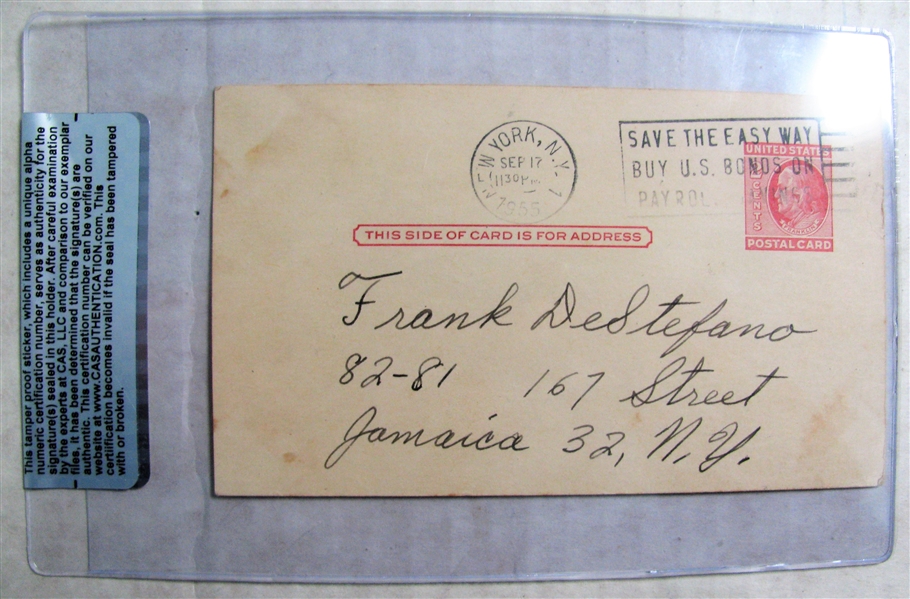 ANDRE BARUCH SIGNED 1955 GOVERMENT POSTCARD - CAS AUTHENTICATED