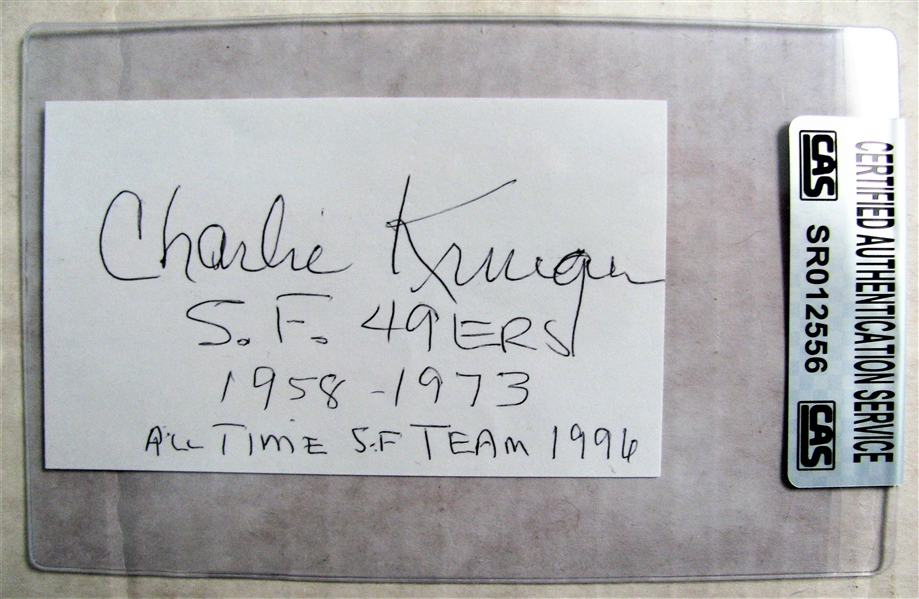 CHARLIE KRUGER 49ers SIGNED 3X5 INDEX CARD - CAS AUTHENTICATED