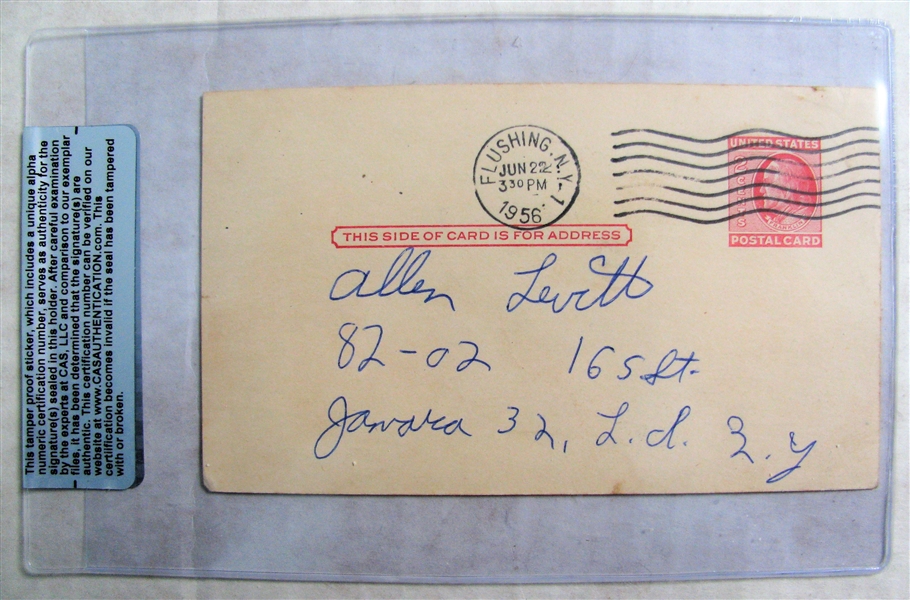 BILL WHITE SIGNED 1956 GOVERMENT POSTCARD - CAS AUTHENTICATED