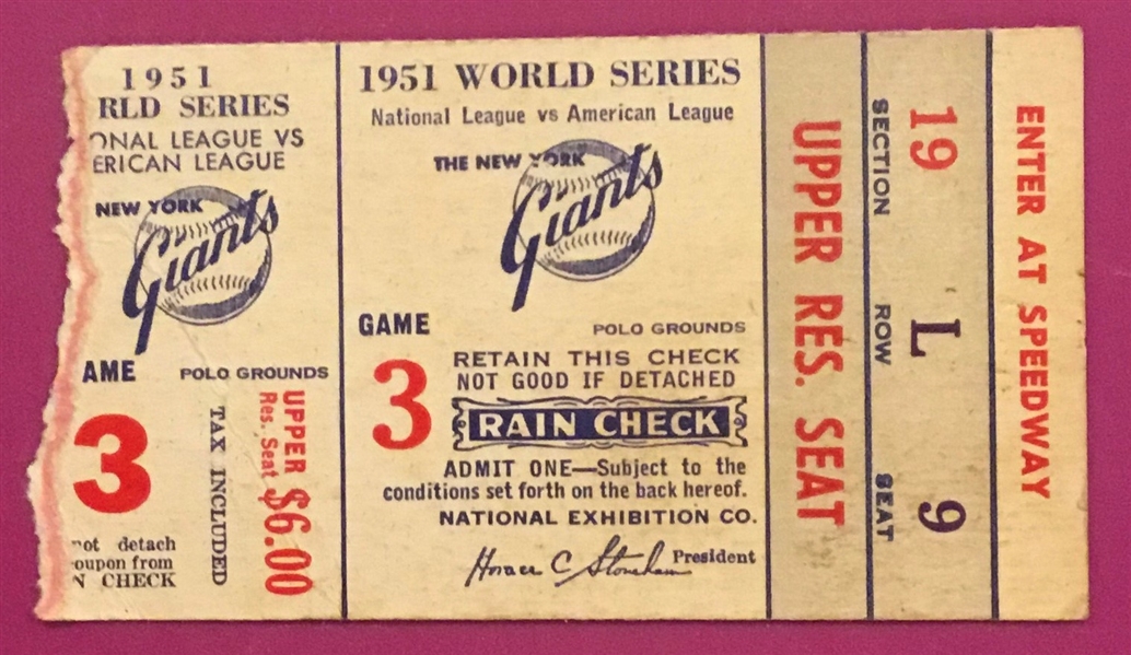 1951 WORLD SERIES TICKET STUB - GAME 3 - GIANTS vs YANKEES @ POLO GROUNDS
