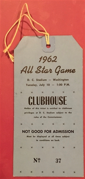 1962 ALL-STAR GAME PRESS PASS @ WASHINGTON