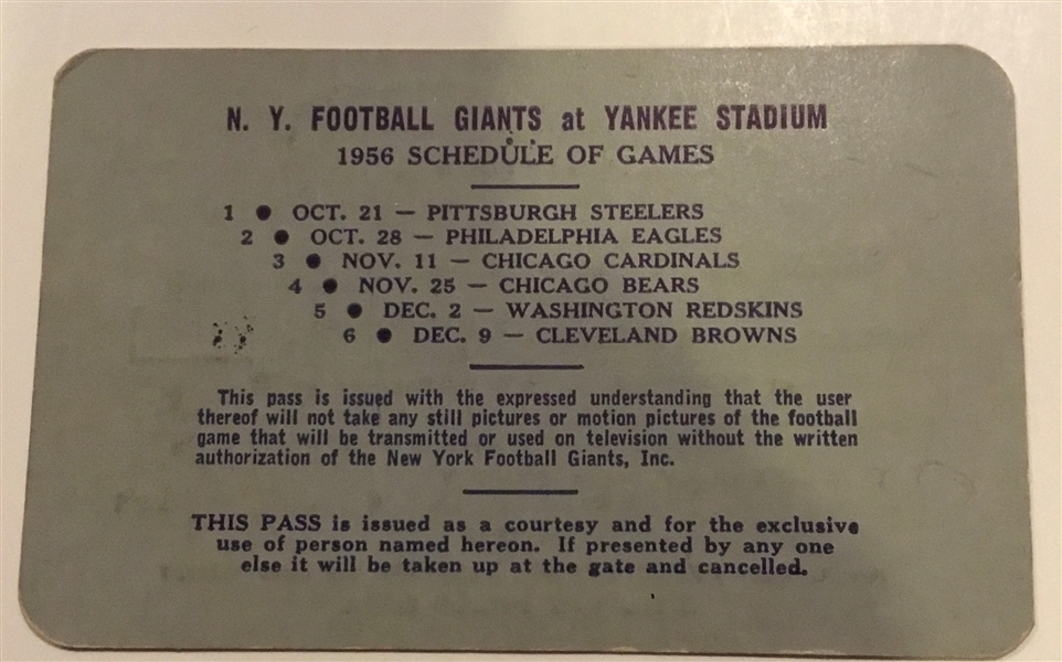 1956 NFL NEW YORK GIANTS PRESS PASS - CHAMPIONSHIP SEASON