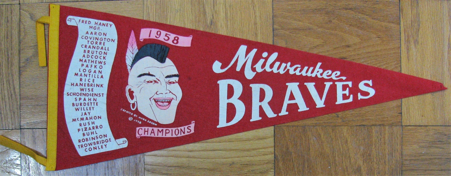 1958 MILWAUKEE BRAVES WORLD CHAMPS TEAM SCROLL PENNANT