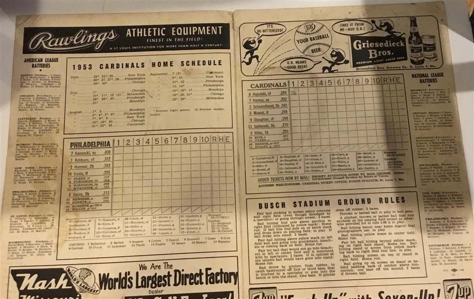 1953 STL. CARDINALS vs PHIL. PHILLIES PROGRAM @ BUSCH STADIUM
