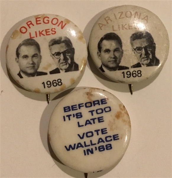 1968 GEORGE WALLACE PRESIDENTIAL CAMPAIGN PINS LOT OF 3