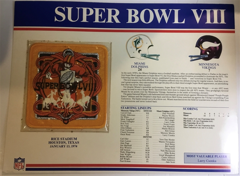 SUPER BOWL VIII JACKET PATCH ON CARD - DOLPHINS vs VIKINGS