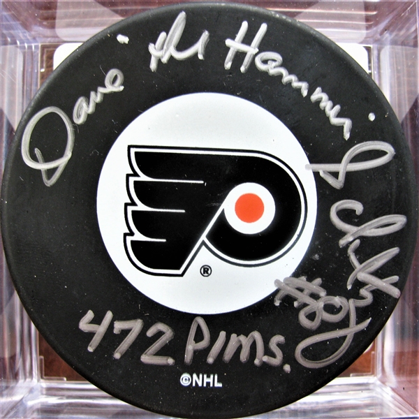 DAVE THE HAMMER SCHULTZ #8 472 PIMS SIGNED FLYERS HOCKEY PUCK w/ SGC COA