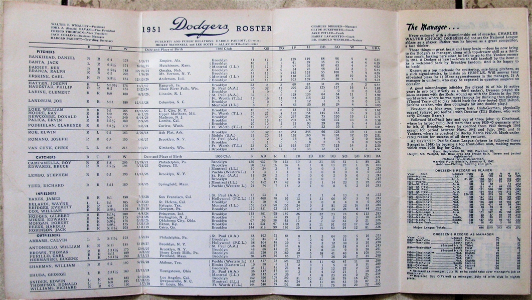 1951 BROOKLYN DODGERS PLAYER ROSTER BOOKLET
