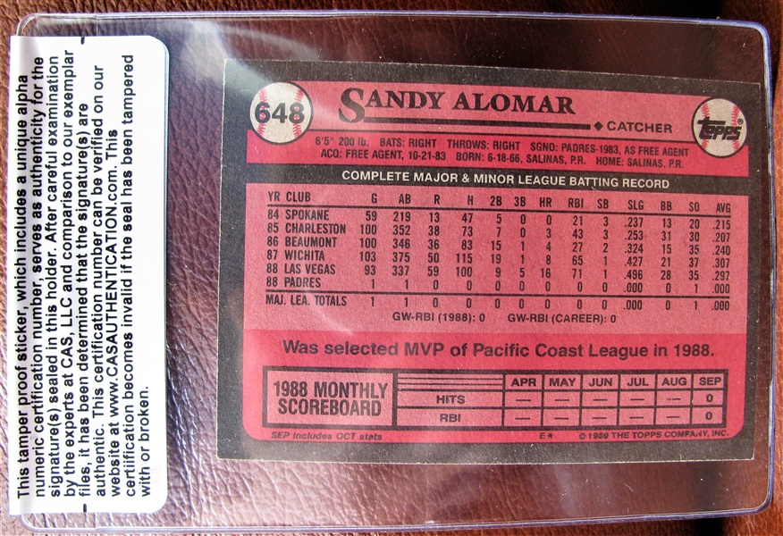 SANDY ALOMAR SIGNED BASEBALL CARD w/CAS