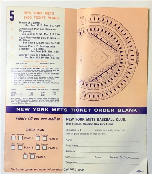 1965 NEW YORK METS SCHEDULE PAMPHLET