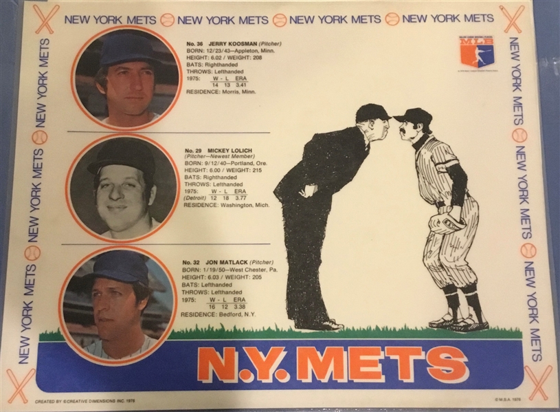 1976 NEW YORK METS PLACEMAT w/PLAYERS