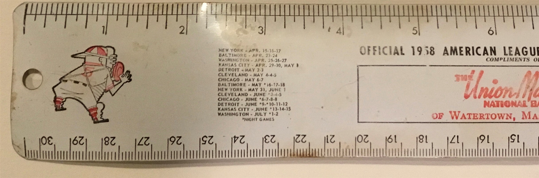 1958 BOSTON RED SOX SCHEDULE RULER