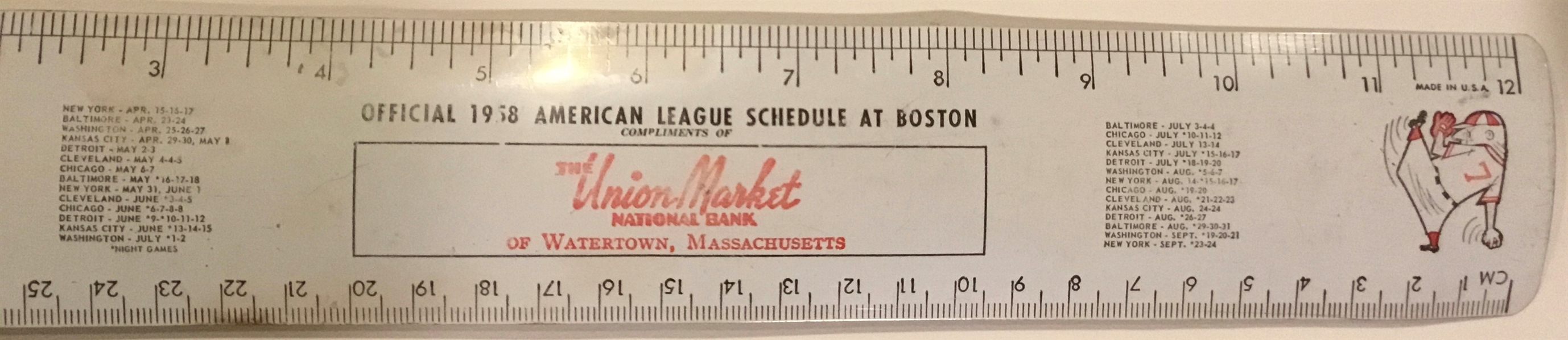 1958 BOSTON RED SOX SCHEDULE RULER